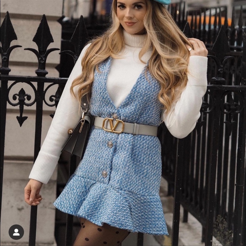 🔥 BLOGGER FAV NWT ZARA Ruffled Textured Pinafore Dress Blue White